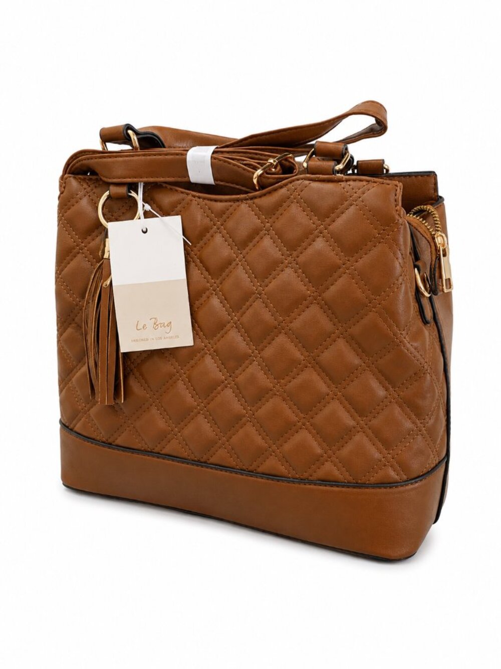Le Bag Los Angeles Quilted Satchel Cognac Brown Tassel Crossbody Handbag NEW - Picture 2 of 6